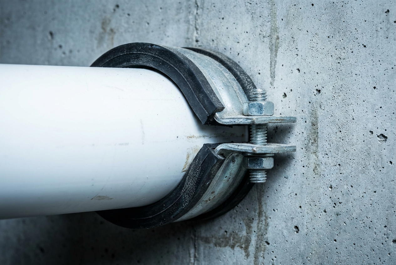 Uso de abrazaderas elásticas con silenbloc de goma para evitar que las vibraciones de la bajante de PVC pasen a la estructura del edificio.