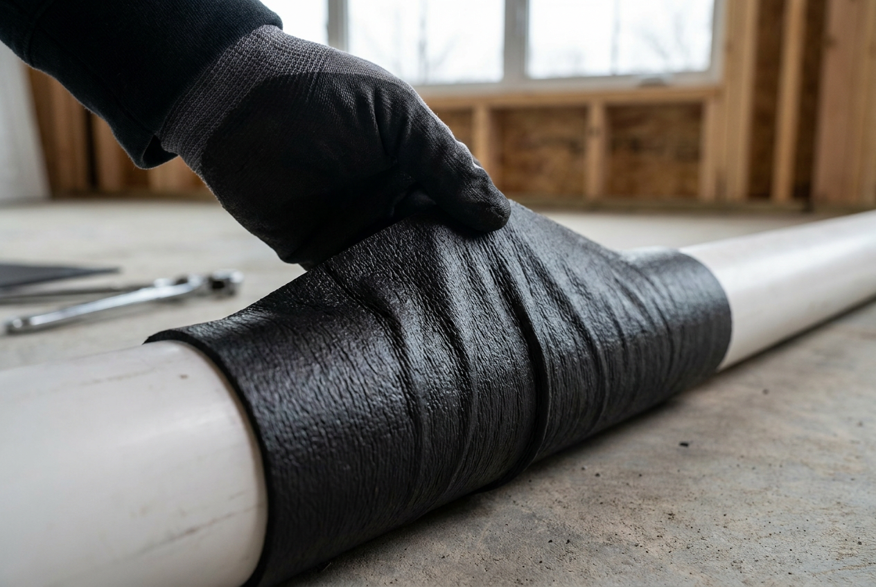 Instalación de lámina acústica viscoelástica autoadhesiva sobre una bajante de PVC blanco para reducir el ruido de las tuberías.