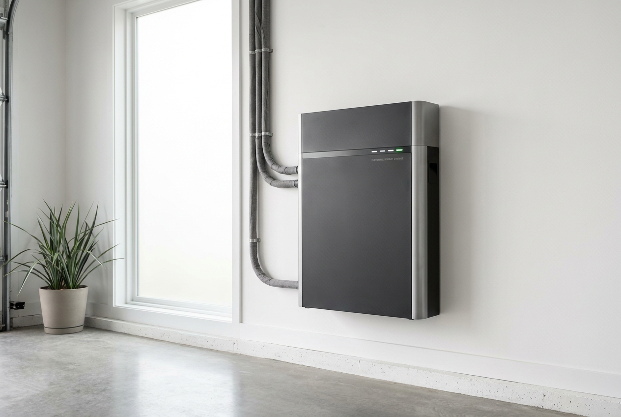 Sistema de baterías para energía solar residencial con diseño moderno y minimalista instalado en garaje.