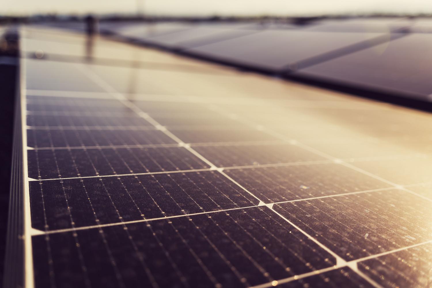 Primer plano detallado de celdas solares bajo la luz del sol, simbolizando la tecnología y la sostenibilidad energética.