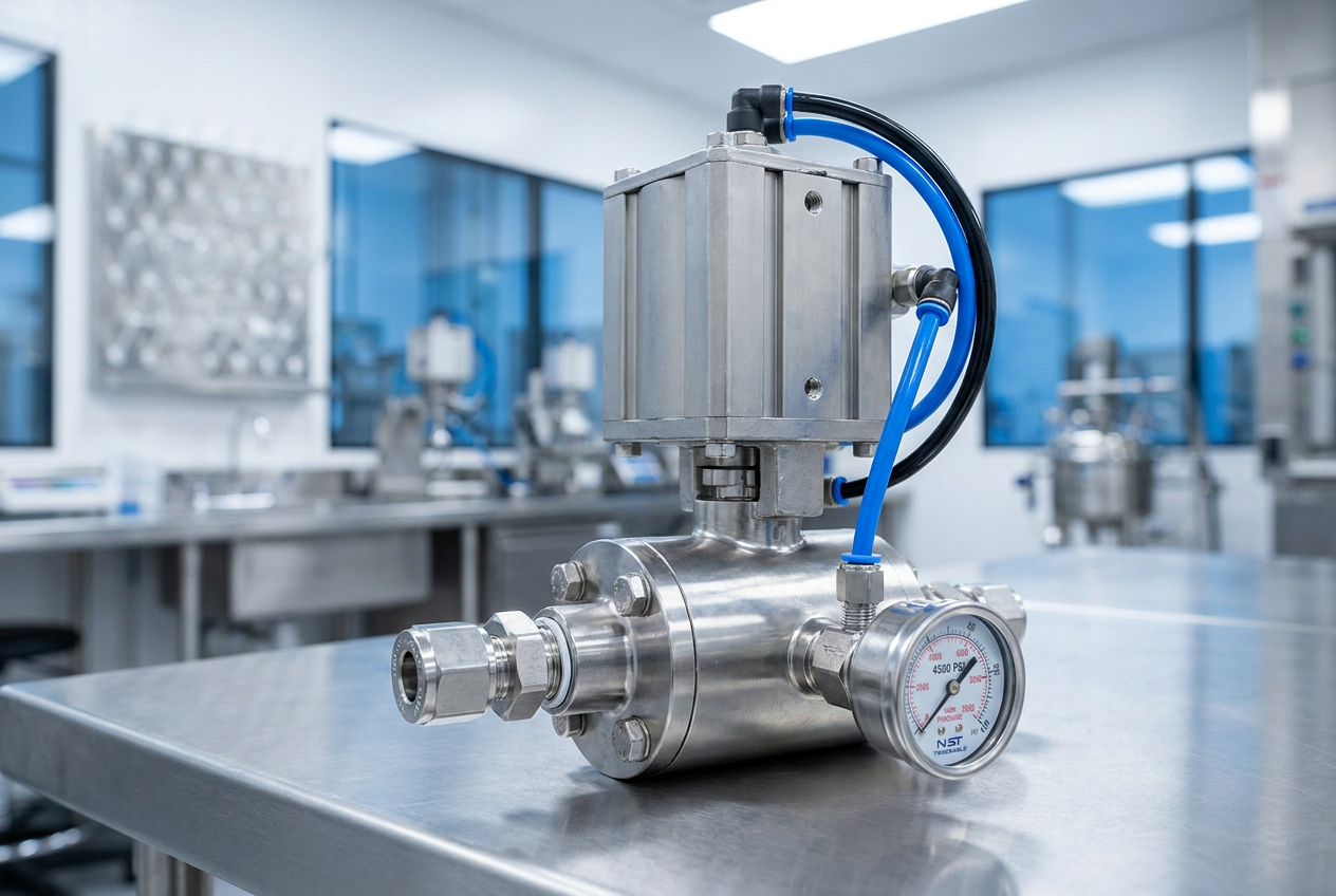 Válvula de bola de acero inoxidable de alta presión con actuador neumático para hidrógeno.