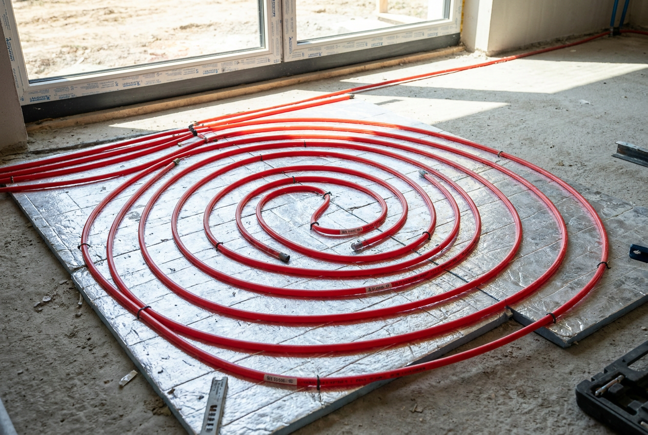Detalle técnico de la instalación de tuberías PEX para suelo radiante sobre suelo de hormigón.