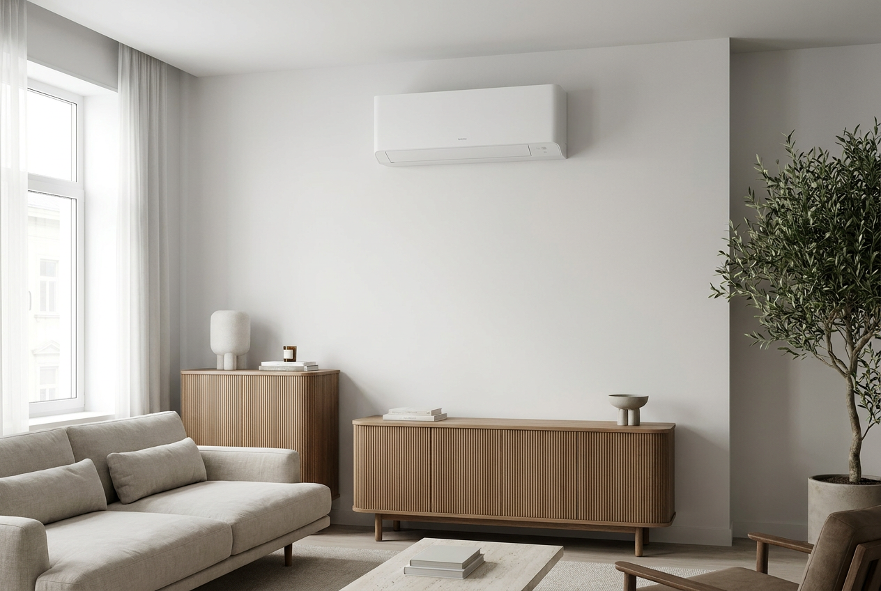 Instalación de aire acondicionado monobloque en pared blanca sin unidad exterior