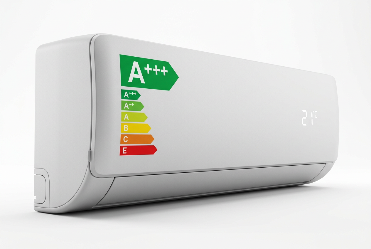 Detalle de etiqueta de eficiencia energética A+++ en un equipo de climatización