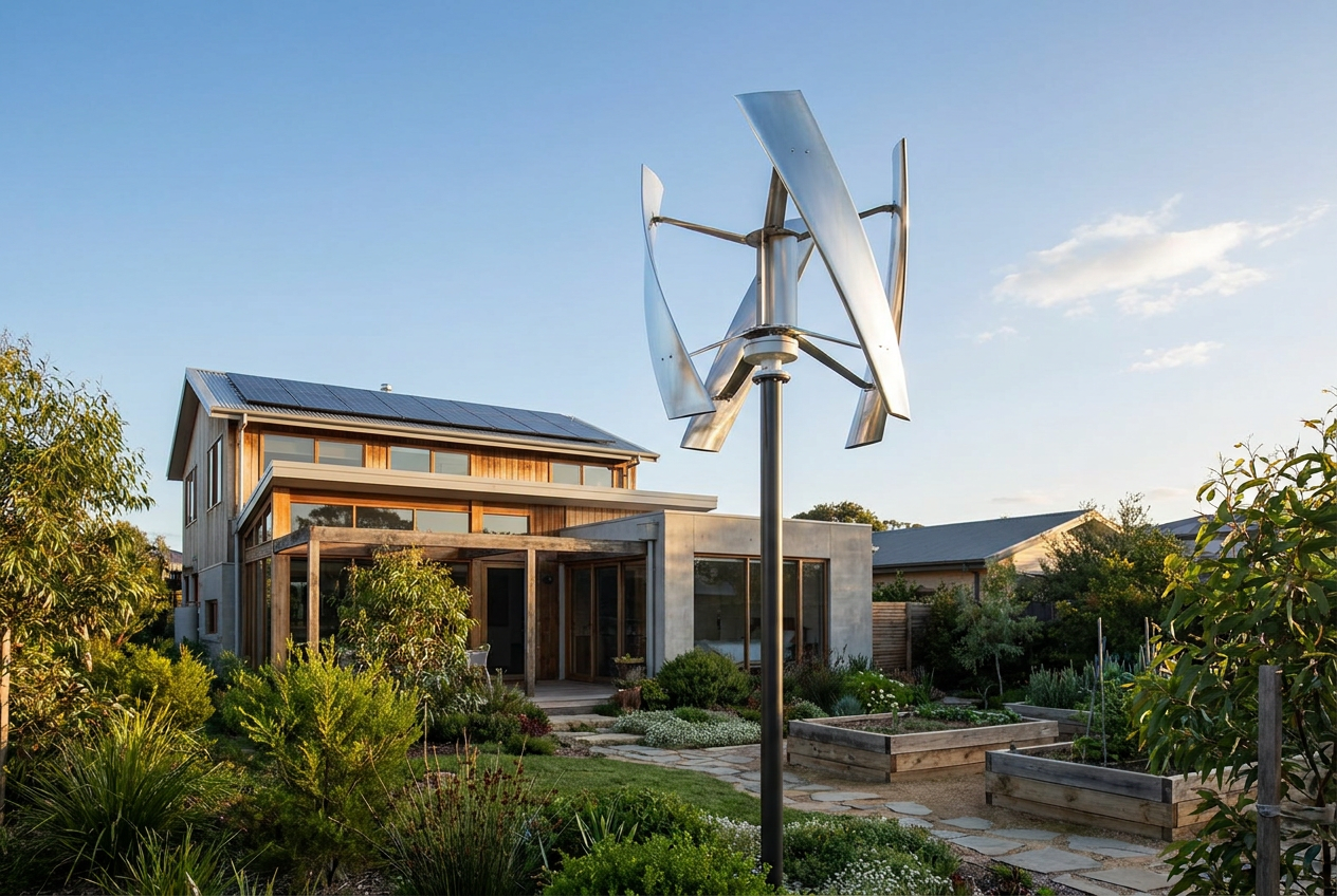 Aerogenerador doméstico de pequeña escala instalado en el jardín de una casa moderna.