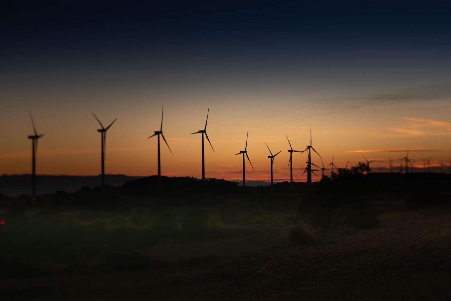 Parque eólico con aerogeneradores al atardecer, representando la generación de energía renovable.