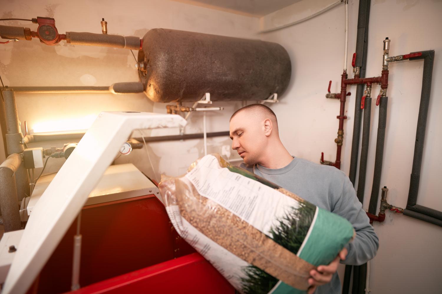 Instalación profesional de sala de calderas de pellets con acumulador de calor y tuberías