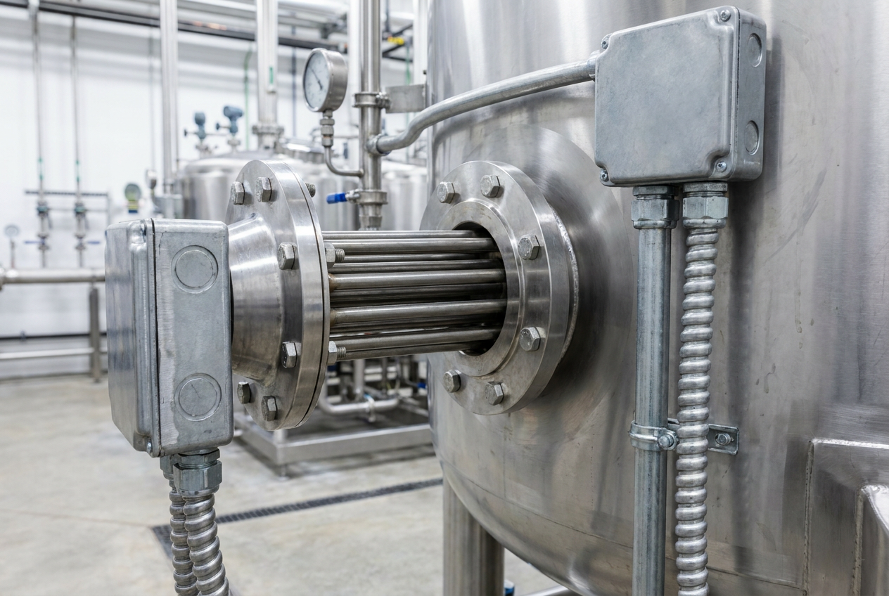 Calentador eléctrico de inmersión industrial integrado en un tanque de acero inoxidable para el control térmico de líquidos.