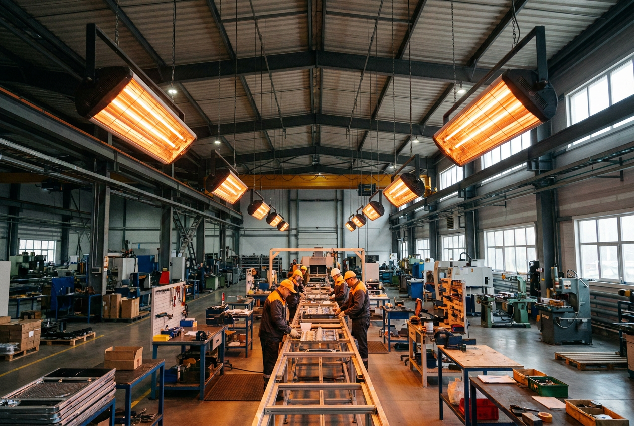 Sistemas de calefacción por infrarrojos industriales instalados sobre una línea de montaje en un taller mecánico.