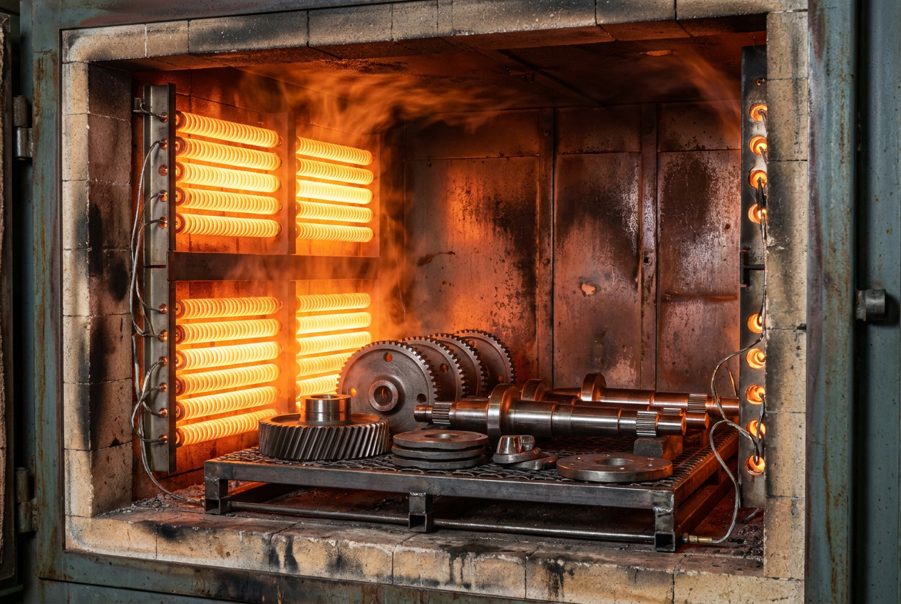 Interior de un horno industrial eléctrico con resistencias cerámicas a alta temperatura para el tratamiento térmico de metales.