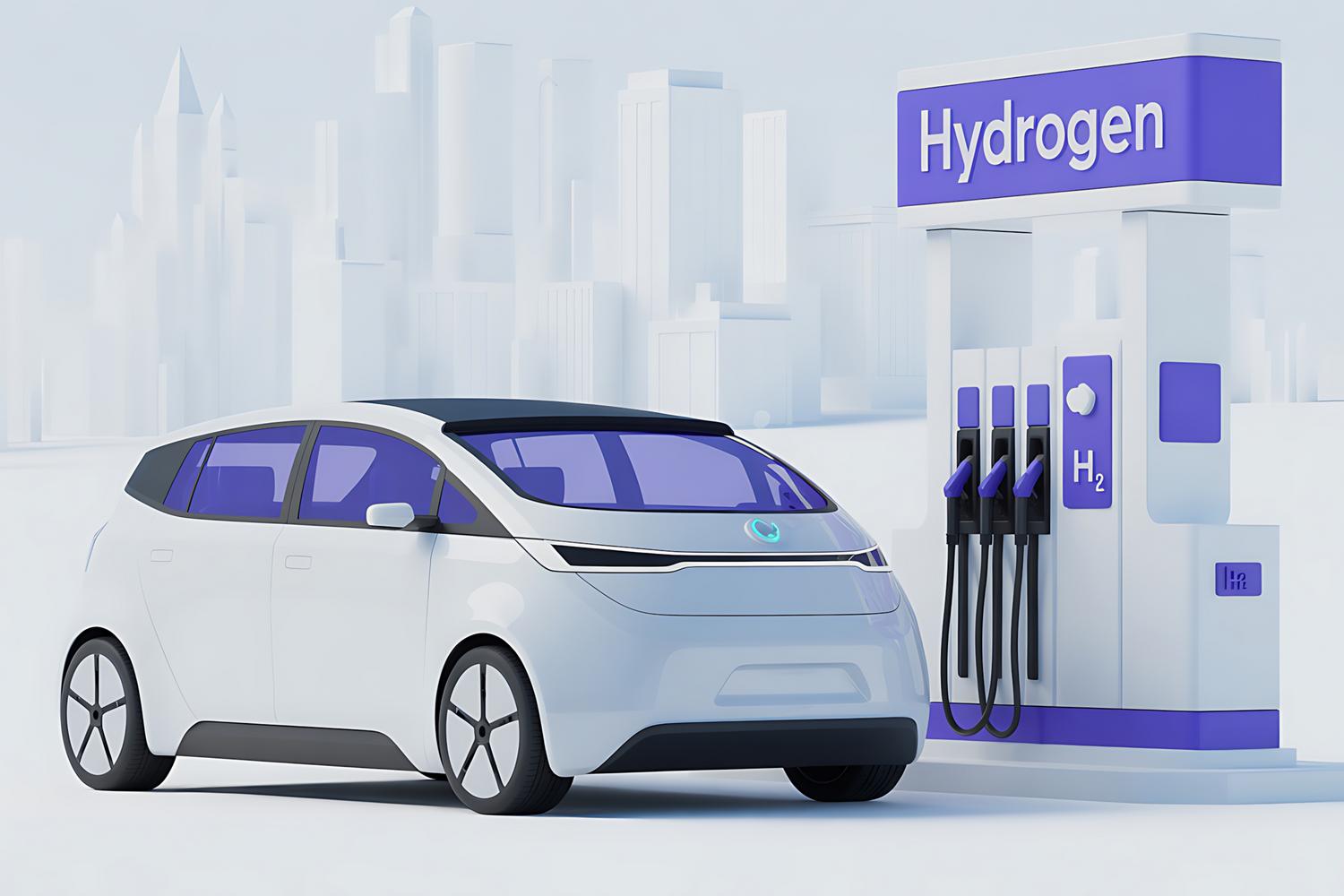 Coche de hidrógeno futurista en una estación de servicio moderna y vanguardista.