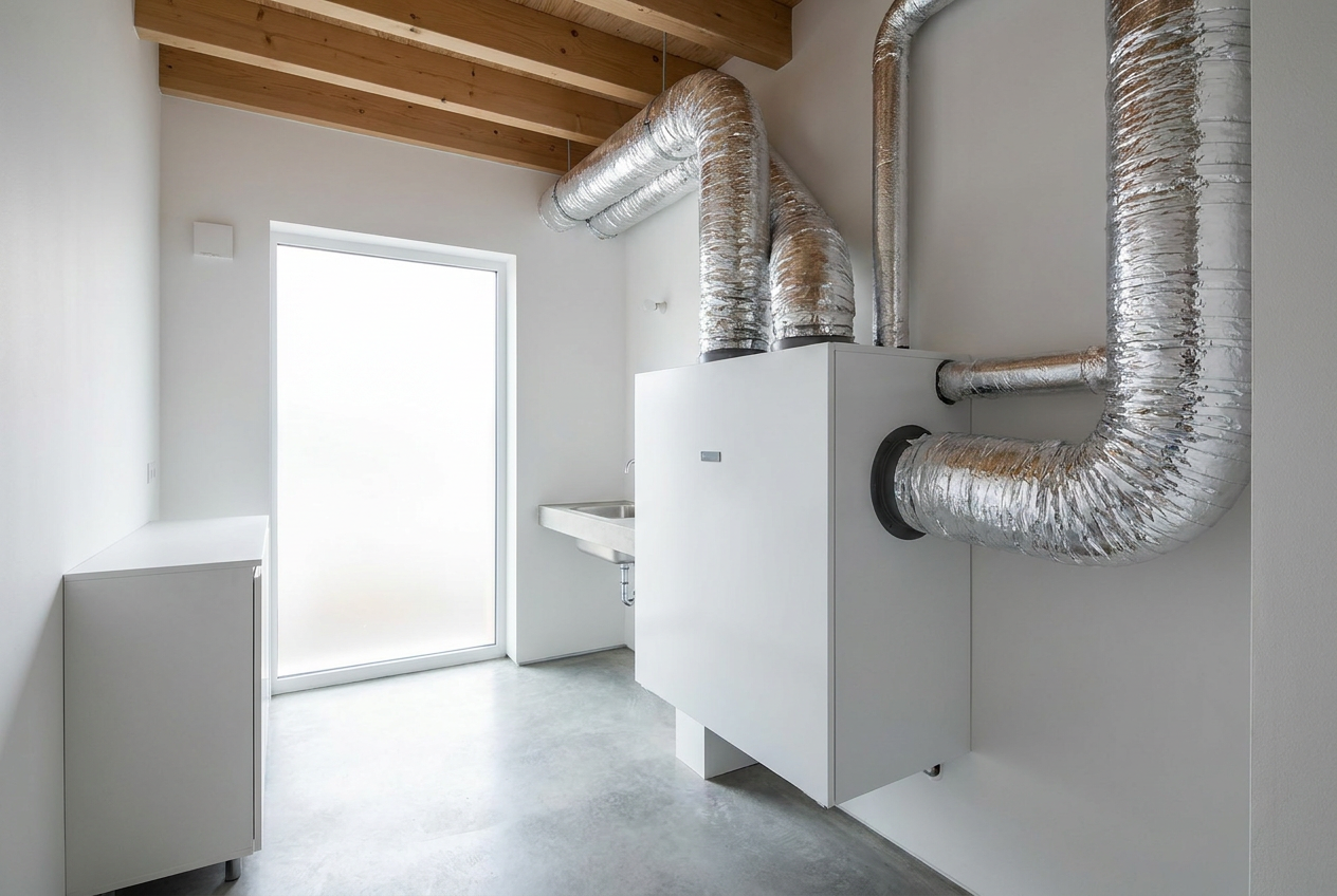 Sistema residencial de ventilación mecánica con recuperación de calor (VMC) instalado en un cuarto técnico moderno.