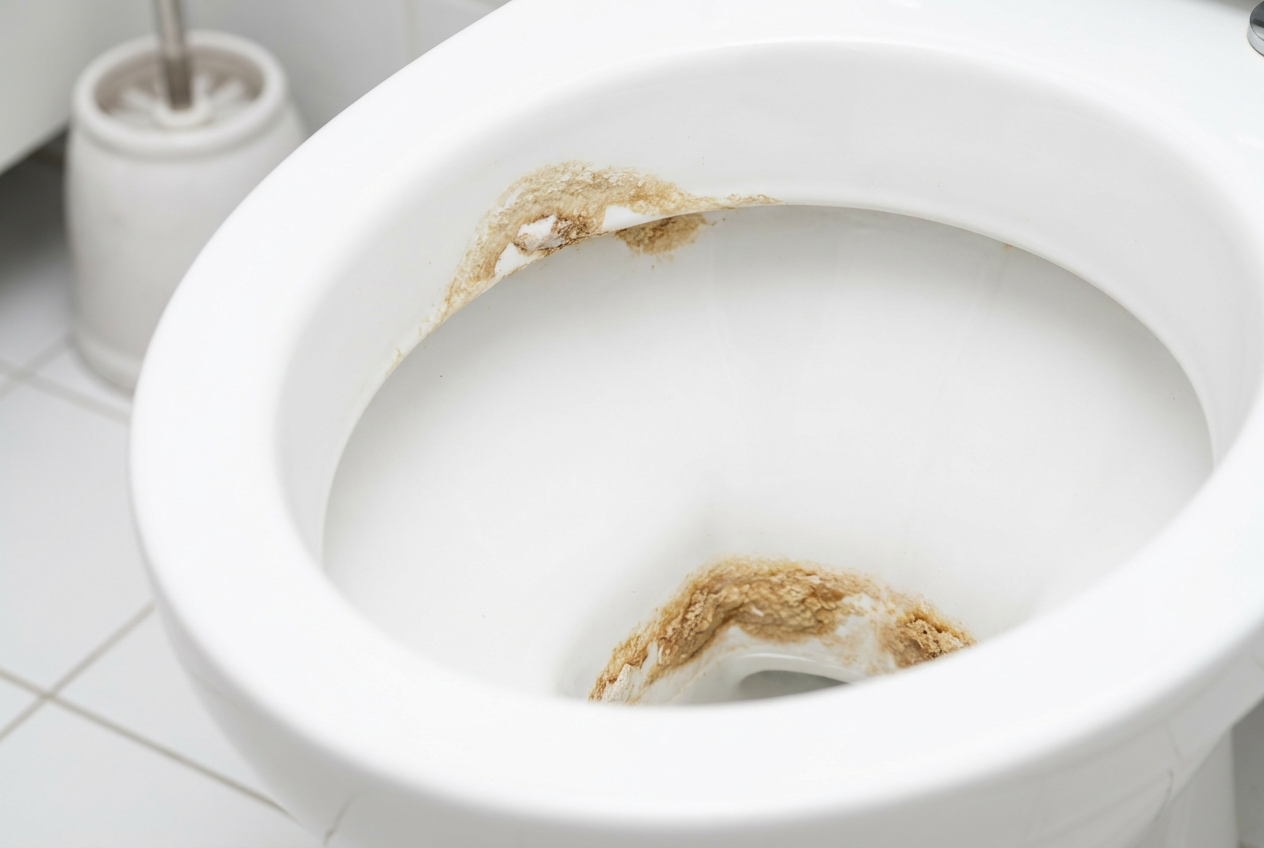 Primer plano de un inodoro blanco con manchas marrones y amarillentas de sarro en el fondo.