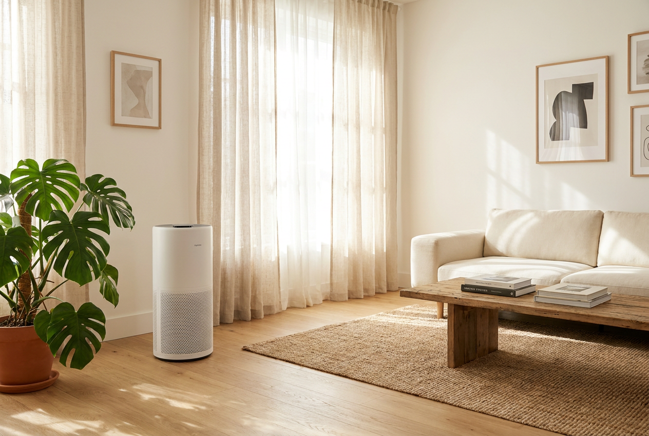 Purificador de aire moderno y minimalista en un salón iluminado, ideal para representar el uso doméstico de filtros HEPA.