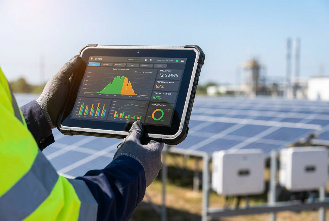 Tablet mostrando un panel de control SCADA avanzado con KPIs de rendimiento y curvas de producción de energía en tiempo real.
