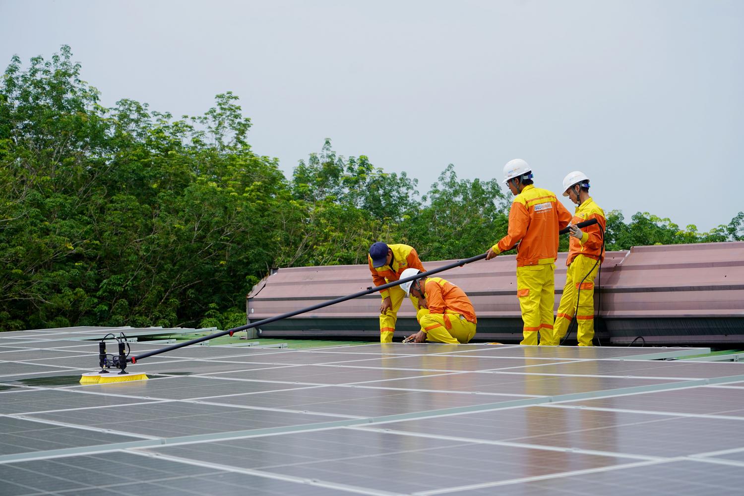 Equipo de mantenimiento realizando la limpieza preventiva de paneles solares, fundamental para optimizar la captación de energía.