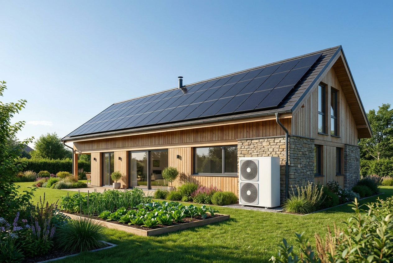 Vivienda sostenible con placas solares fotovoltaicas en el tejado y una bomba de calor aerotérmica en el jardín.