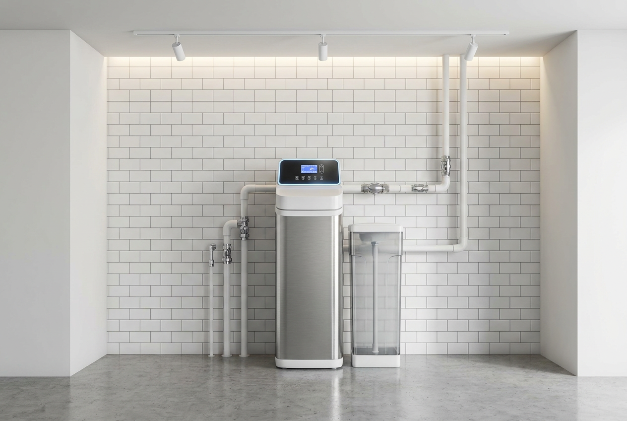 Sistema descalcificador de agua moderno instalado en un cuarto de servicio limpio y luminoso.