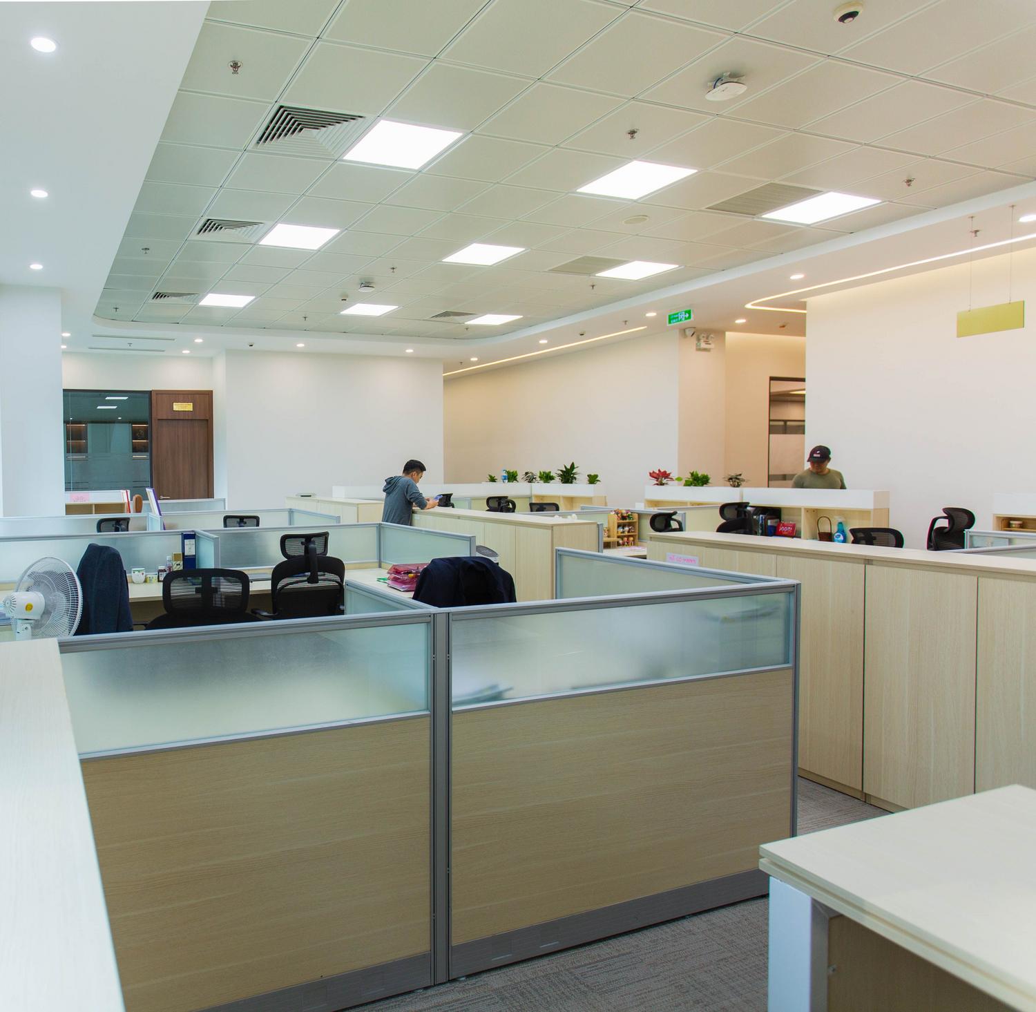 Oficina moderna y abierta con estaciones de trabajo diseñadas para maximizar la luz natural y el uso de iluminación LED.