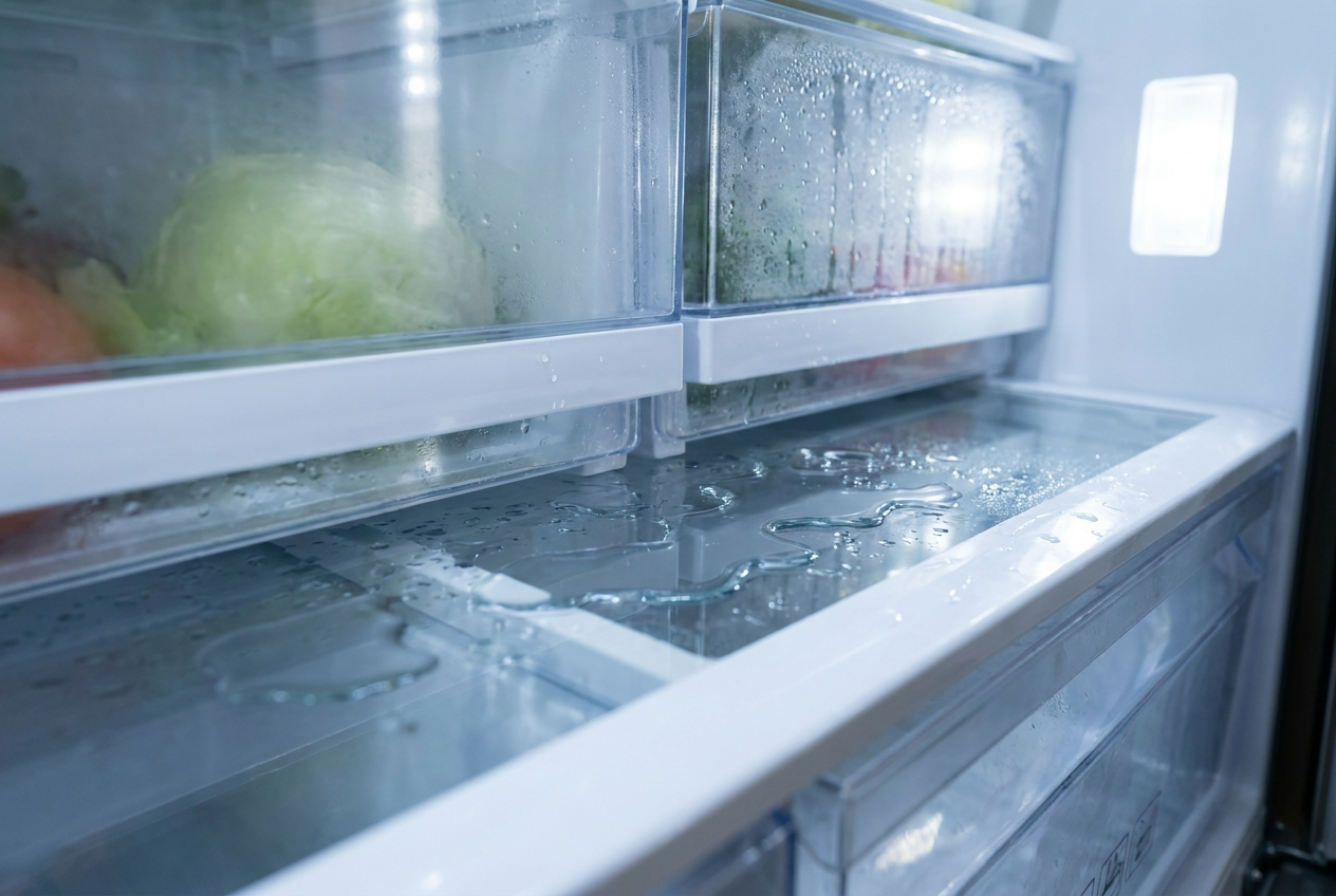 Acumulación de agua y charcos en la base interior de un frigorífico, cerca de los cajones de las verduras Acumulación de agua y charcos en la base interior de un frigorífico, cerca de los cajones de las verduras