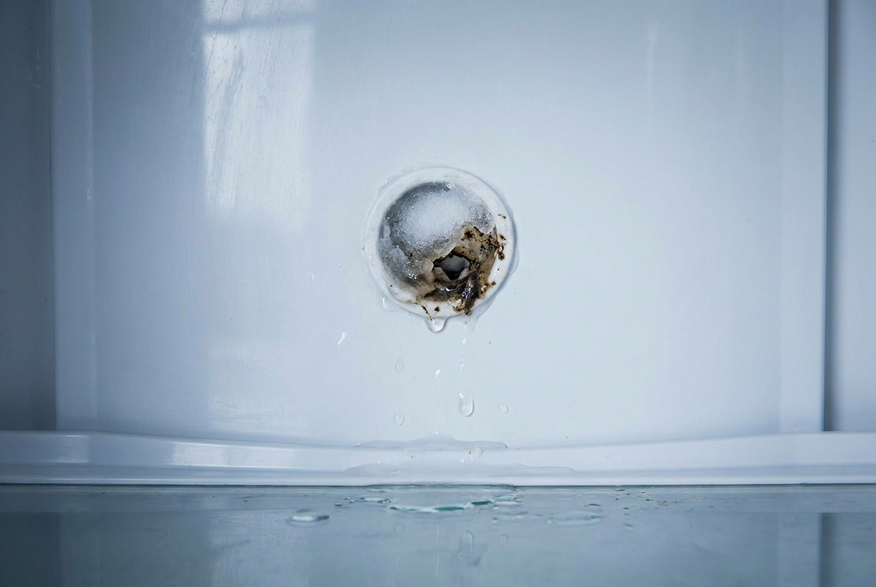 Primer plano del orificio de drenaje en la pared trasera de la nevera con restos de suciedad obstruyendo el paso del agua Primer plano del orificio de drenaje en la pared trasera de la nevera con restos de suciedad obstruyendo el paso del agua
