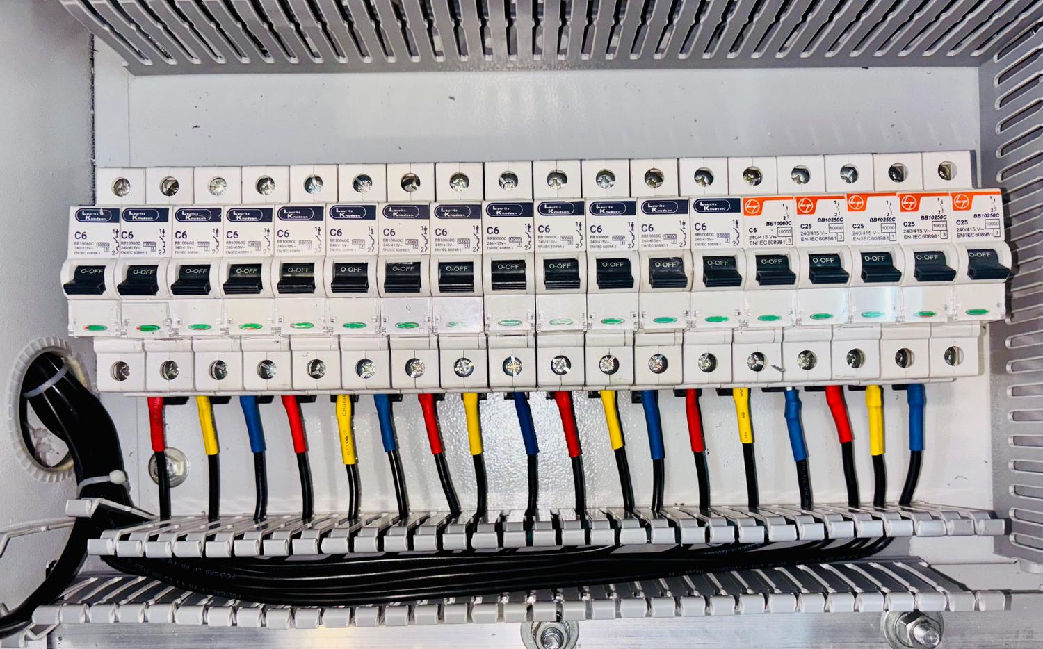 Cuadro eléctrico profesional con interruptores automáticos y cableado organizado para una protección coordinada contra sobretensiones.