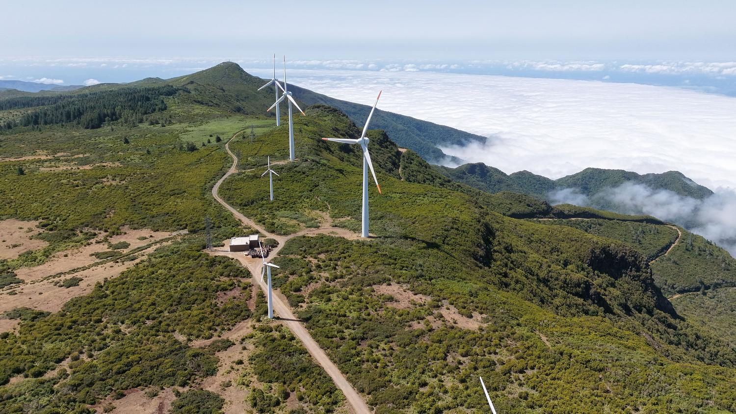 Parque eólico en una ladera montañosa exuberante, mostrando la integración de la infraestructura energética en entornos naturales y su impacto ambiental. Parque eólico en una ladera montañosa exuberante, mostrando la integración de la infraestructura energética en entornos naturales y su impacto ambiental.