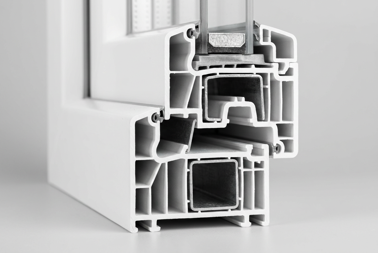 Detalle técnico del perfil de una puerta corredera de PVC, destacando la estructura multicámara para aislamiento térmico.