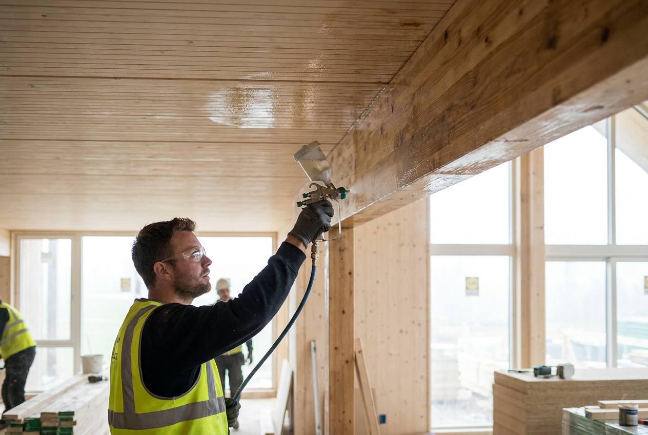 Aplicación de tratamiento ignífugo transparente sobre vigas y techos de madera en una construcción sostenible.
