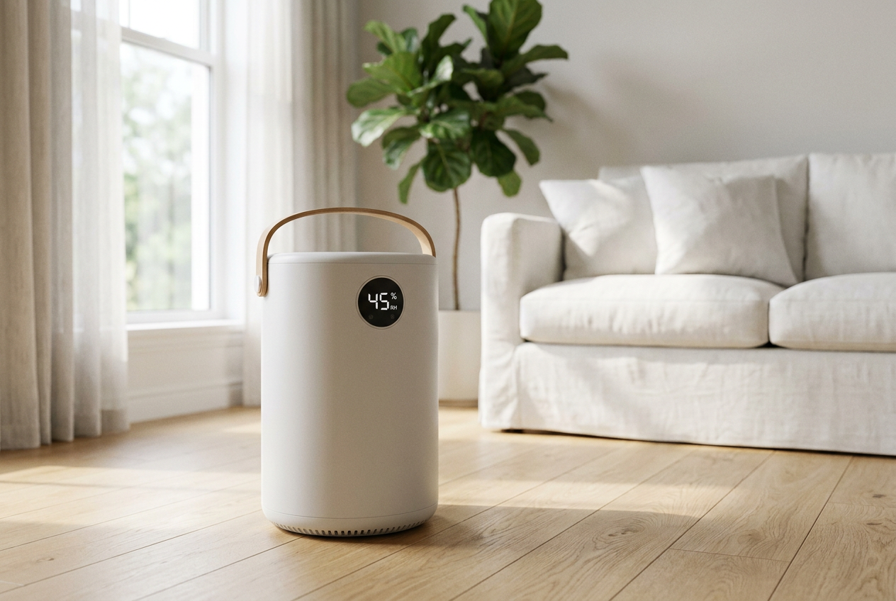 Deshumidificador eléctrico moderno en un interior luminoso y minimalista para combatir la humedad ambiental.