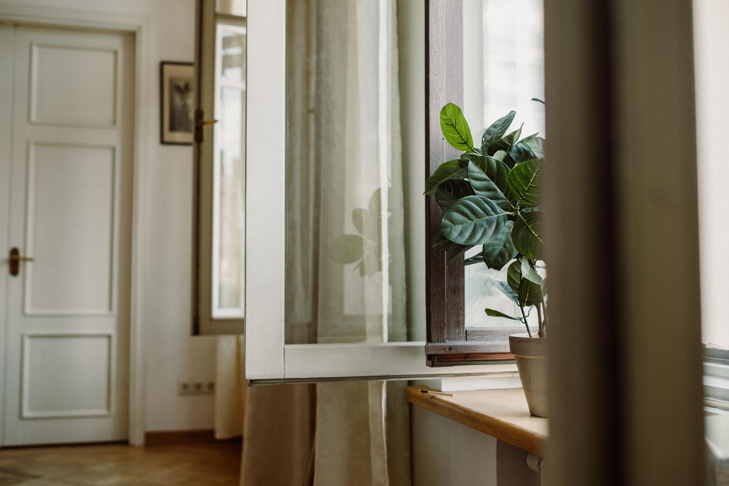 Ventana abierta con cortinas ligeras dejando entrar aire fresco para ventilar la casa y evitar la condensación.