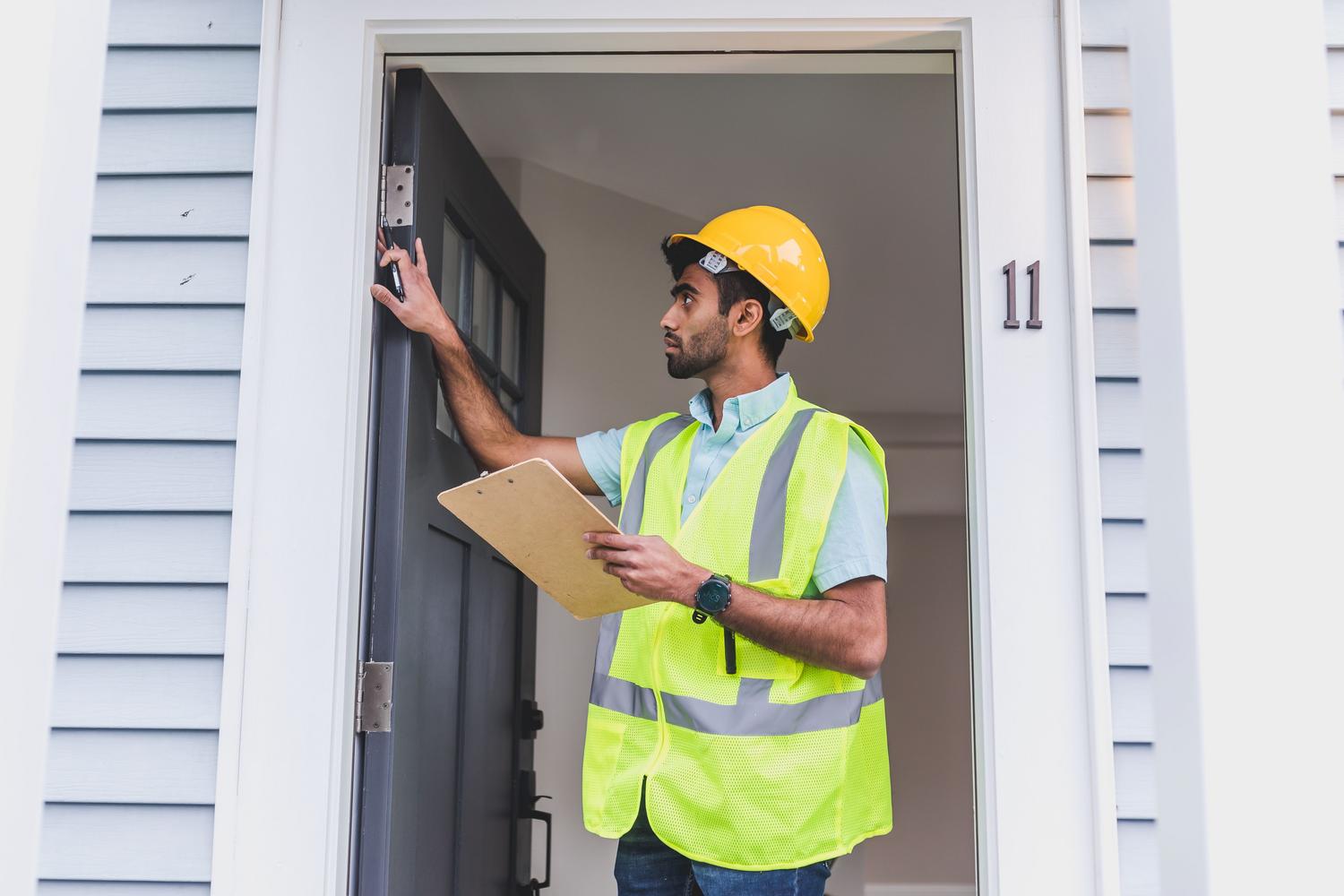 Técnico realizando una auditoría energética en la entrada de una vivienda para identificar fugas de calor.