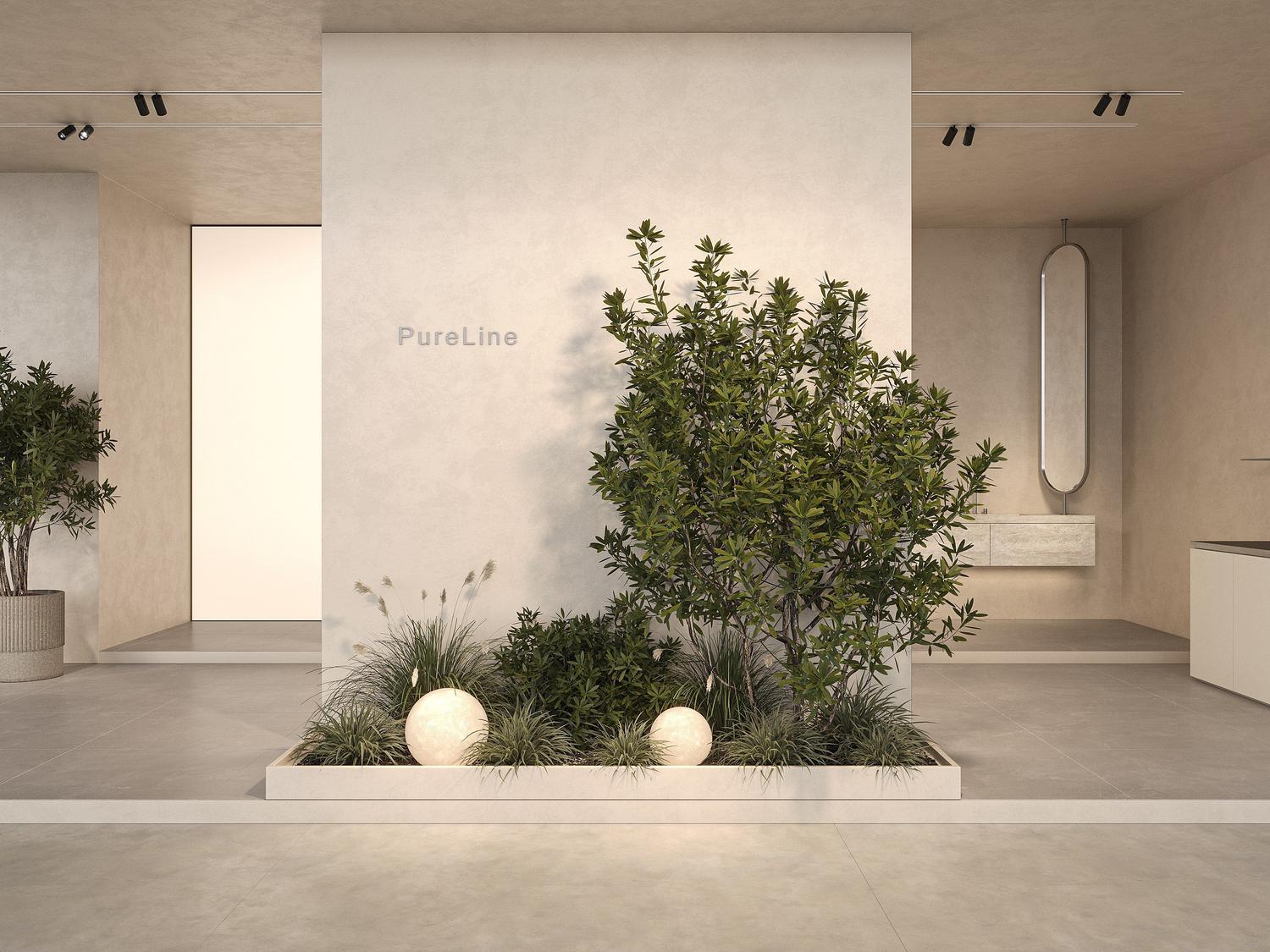 Interior elegante con acabado de microcemento, destacando la continuidad visual y la facilidad de limpieza.