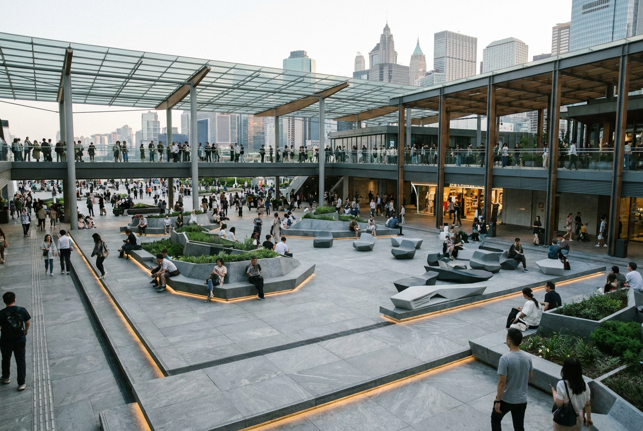 Vista panorámica de una plaza urbana moderna con pavimento técnico elevado en tonos grises, diseño minimalista y nivelado.