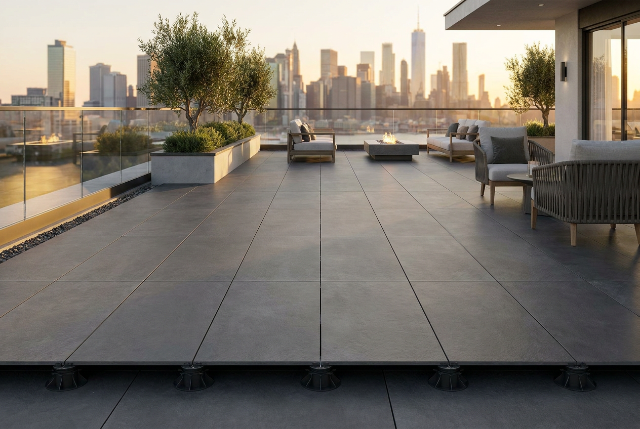 Terraza exterior de lujo con pavimento sobreelevado de porcelánico gris instalado sobre plots para drenaje eficiente.