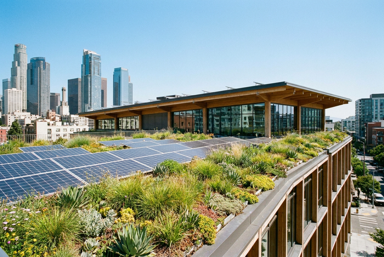 Fotografía arquitectónica de un edificio moderno y sostenible con techo biosolar, mostrando la integración de paneles solares y una exuberante variedad de plantas nativas.
