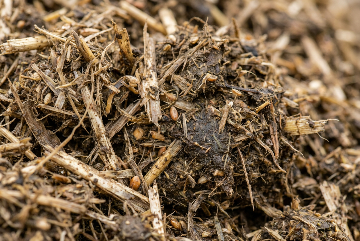 Primer plano detallado de sustratos agrícolas mezclados, incluyendo maíz triturado y materia orgánica, preparados para la alimentación de una planta de biogás.