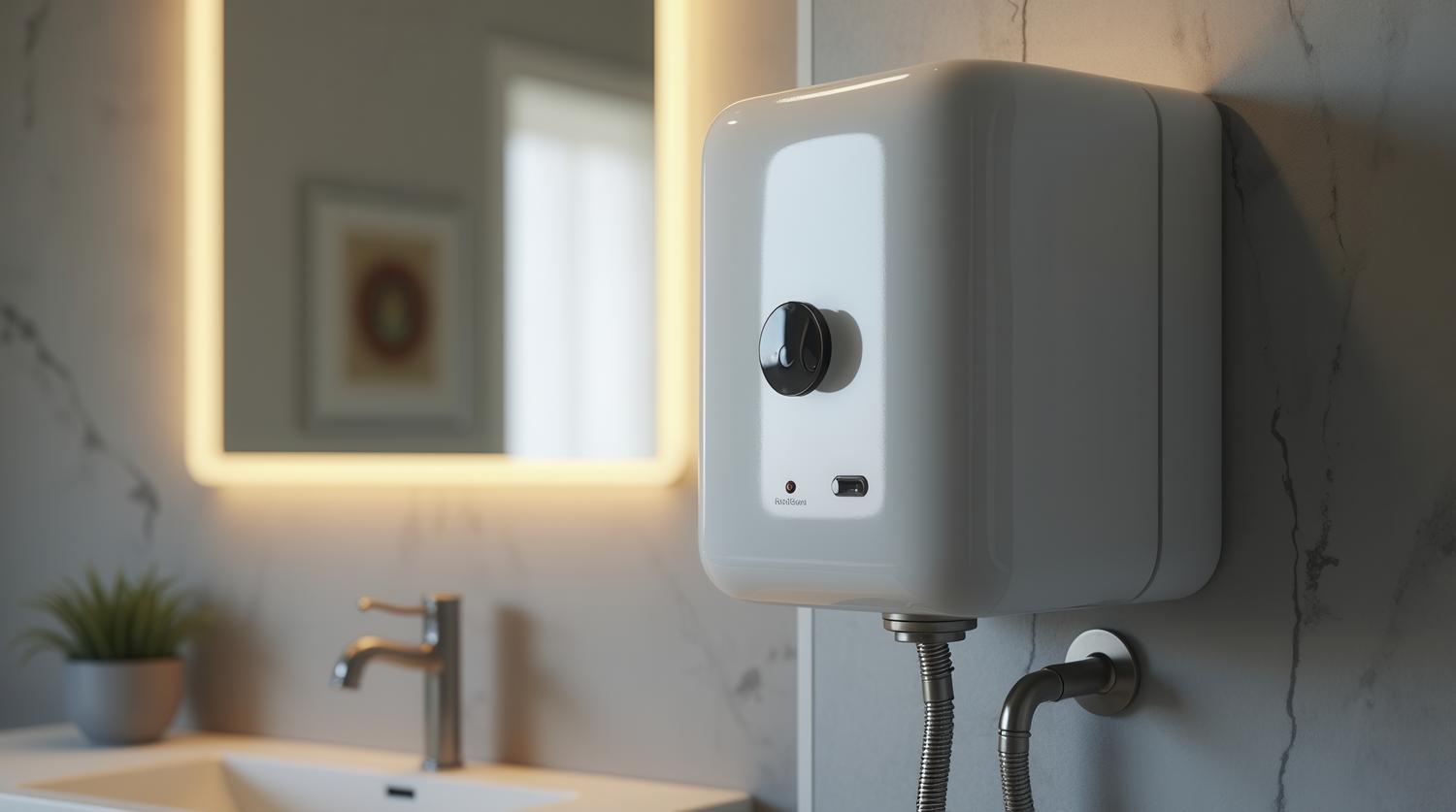 Primer plano de un calentador eléctrico de agua instalado en un cuarto de baño moderno junto al lavabo y el espejo.