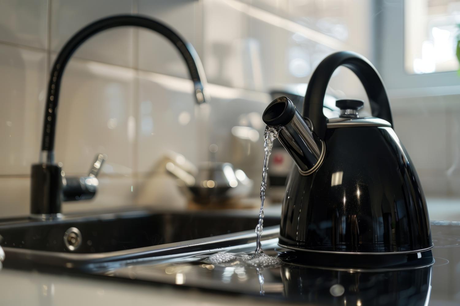 Detalle de un hervidor negro vertiendo agua caliente en un fregadero moderno de cocina