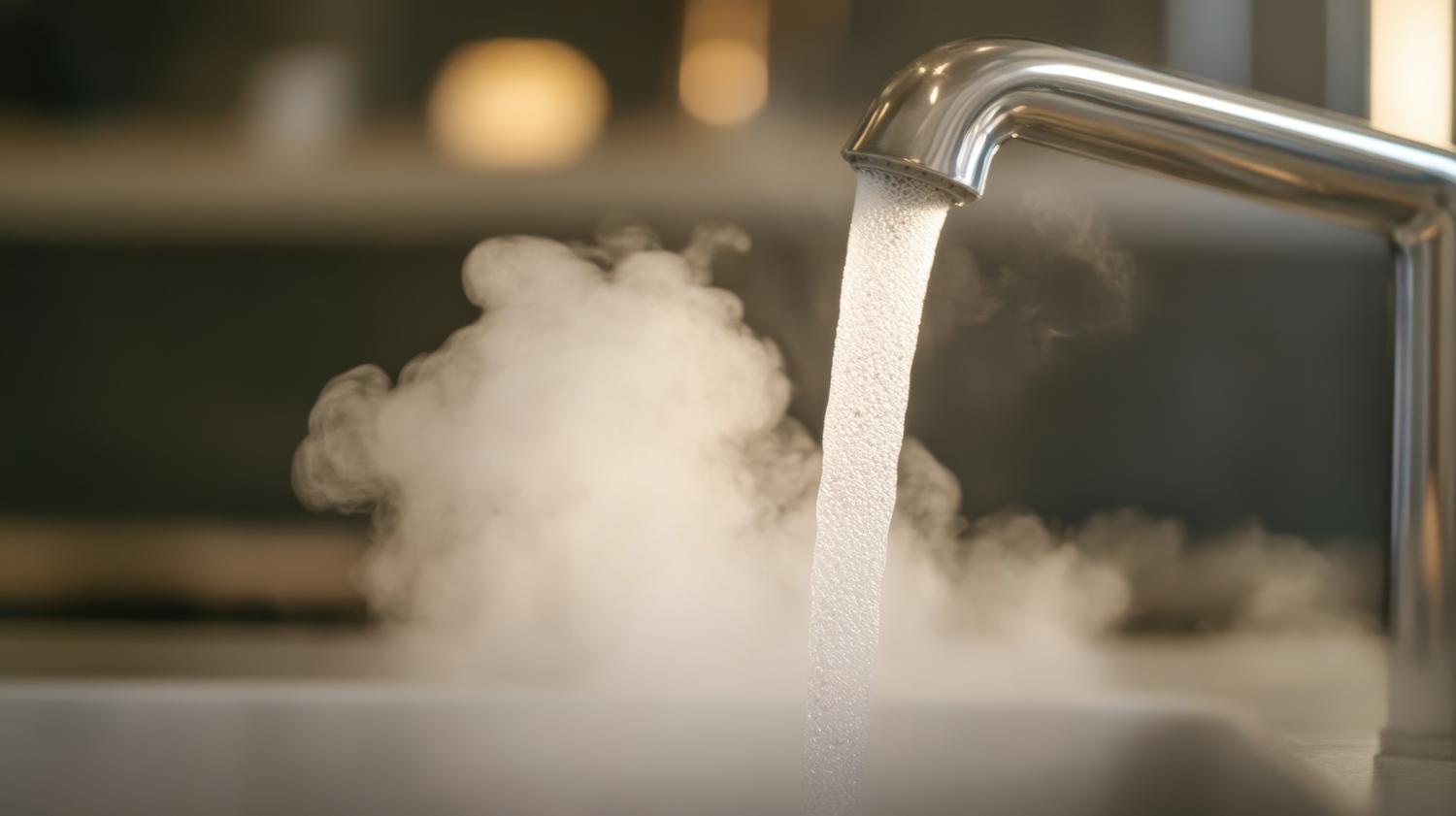Corriente de agua caliente con vapor saliendo de un grifo moderno en un fregadero de cocina