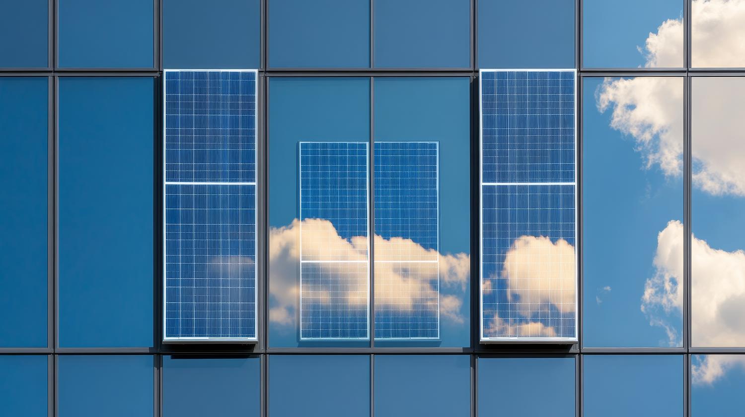 Fachada de edificio moderno con vidrios fotovoltaicos integrados (BIPV) reflejando el cielo.