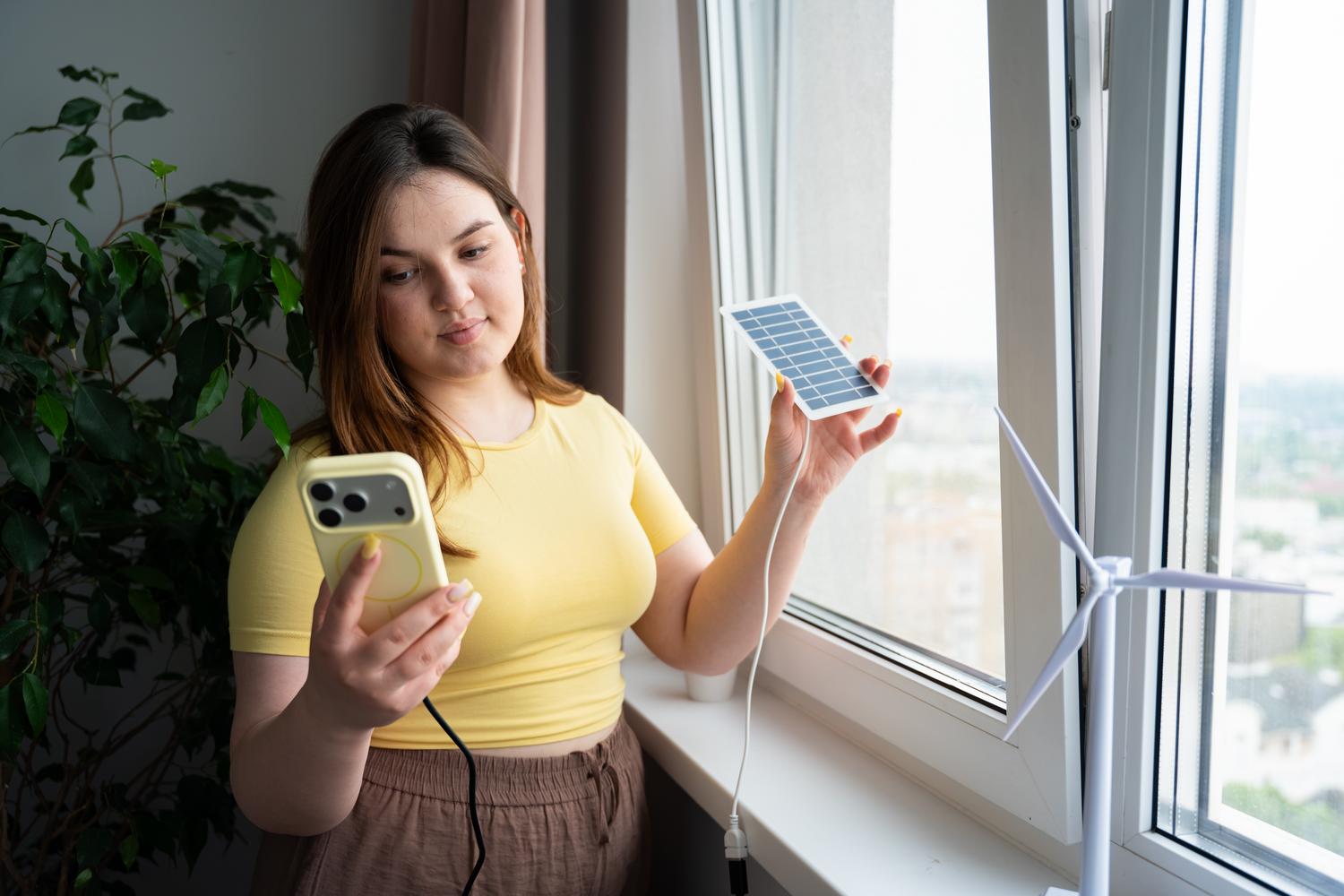 Persona utilizando un kit de panel solar portátil junto a la ventana de su hogar para cargar dispositivos.