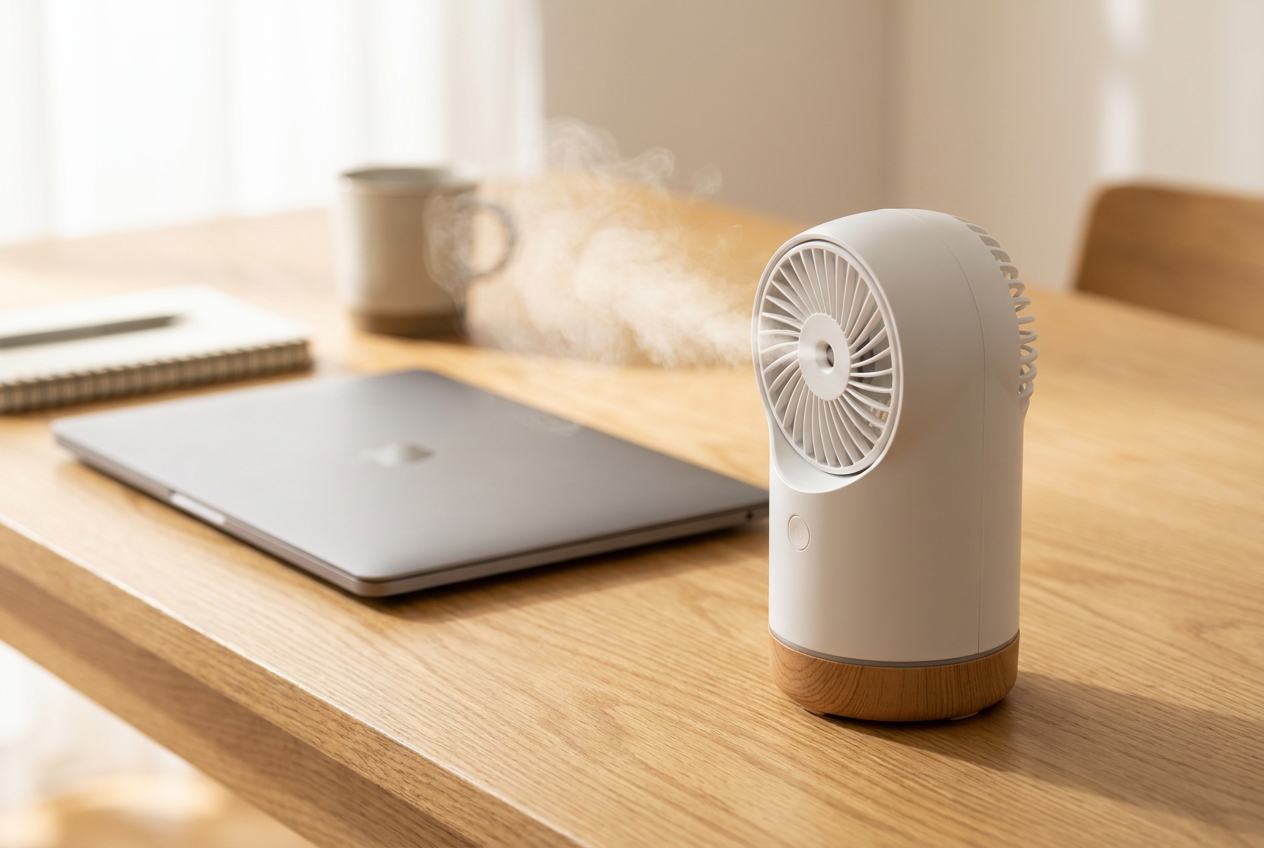 Mini ventilador nebulizador portátil sobre una mesa de trabajo junto a un portátil y café, ideal para estudiar o teletrabajar.