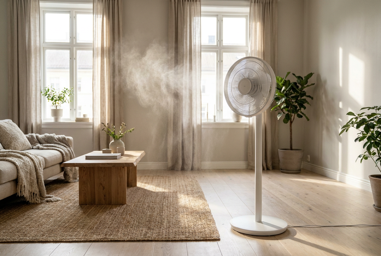 Ventilador de pie con nebulizador blanco en un salón moderno y luminoso, refrescando el ambiente con micropartículas de agua.