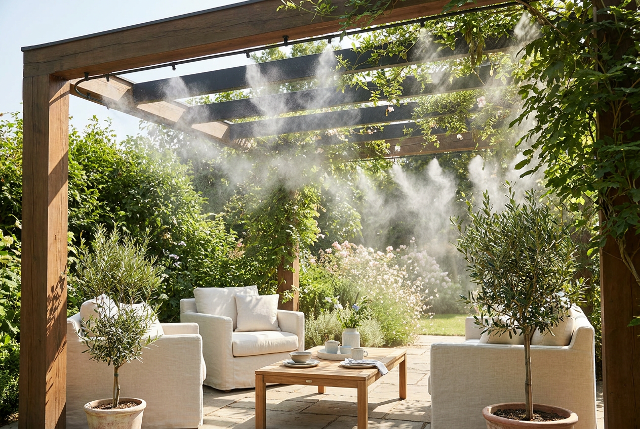 Sistema de nebulización integrado en una pérgola de madera en un jardín, creando una brisa fresca en verano.